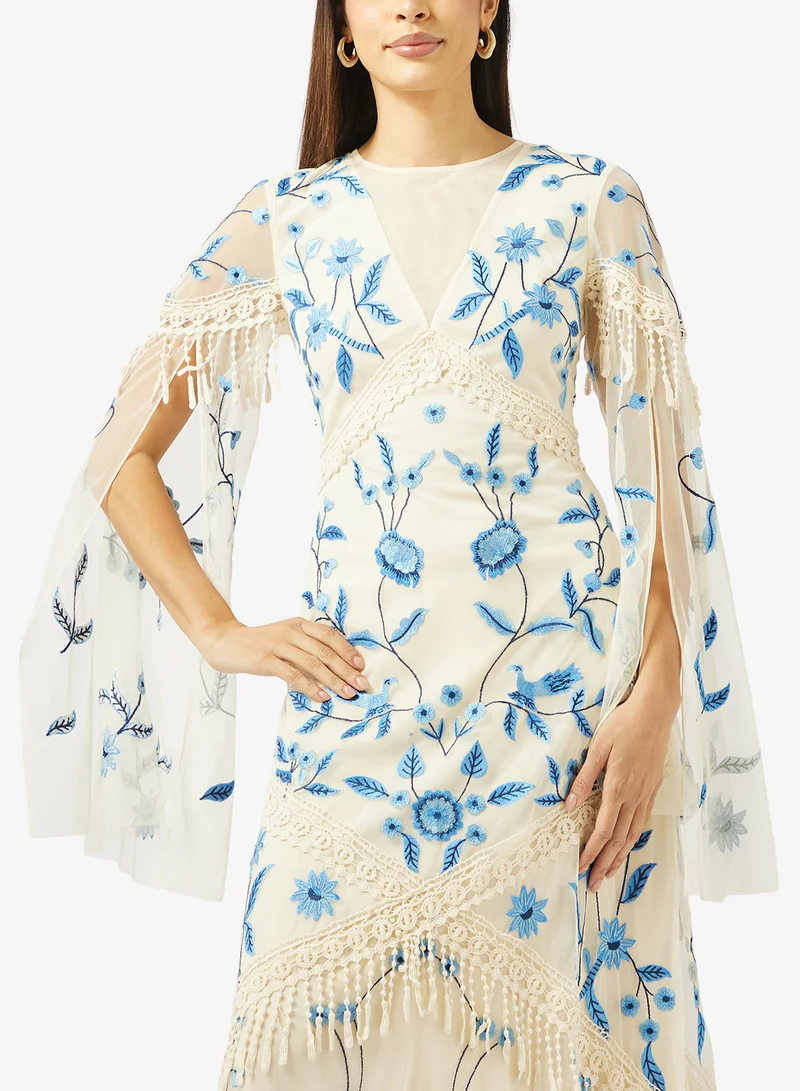 Frock And Frill  Printed Plunge Neck Cape Sleeve Maxi Dress for Women | Best Price UAE
